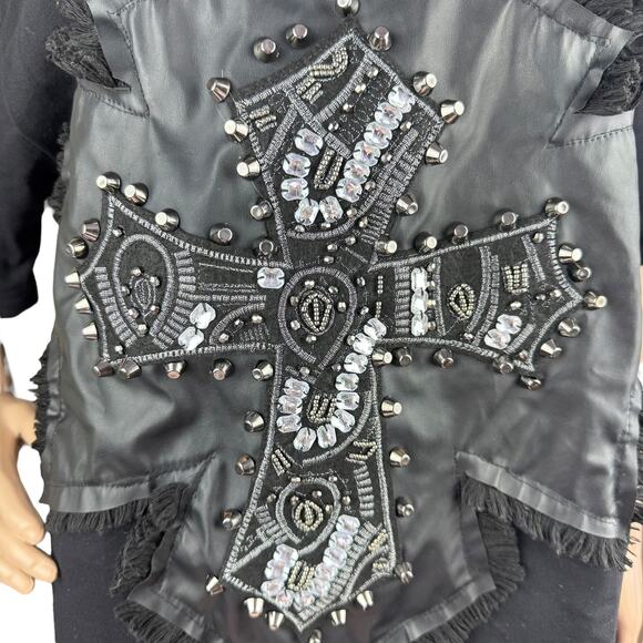 Black Short Sleeve Women Cross Studded Rhinestones Crew Neck Tee Dress OS - Picture 3 of 9